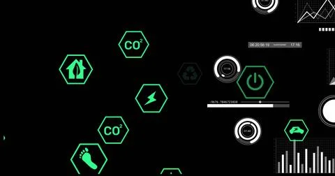 Displaying cluster neon green hexagonal icons and gauge widgets on black HUD, Stock Illustration