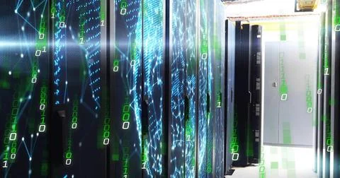 Displaying cluster of server racks streaming blue graphics in data center Stock Photos
