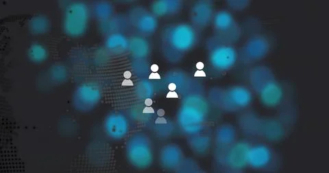 Displaying cluster of six user icons floating over dark digital interface, with Stock Illustration