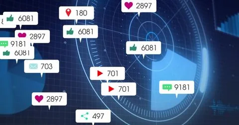 Displaying cluster of speech-bubble icons floating on virtual blue grid, with 스톡 사진