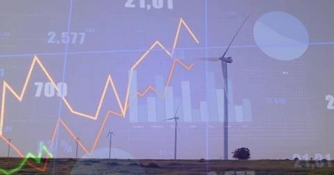 Displaying cluster of three wind turbines standing on flat grassy plain, with Stock Photos