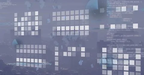 Displaying cluster of translucent grid panels overlaying blurred dusk skyline, Foto stock