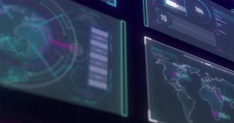 Displaying cluster of translucent HUD panels floating in command center, with 3D Stockillustratie