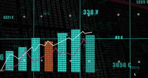 Displaying clustered bars and two line graphs on data dashboard, showing orange Foto stock
