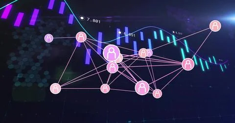 Displaying clustered network graph pulsing on dark dashboard, with pink nodes Stock Illustration