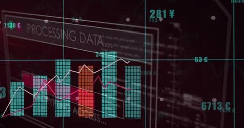 Displaying clustered tiled bar chart centering on dark monitor plane, with Stock Illustration