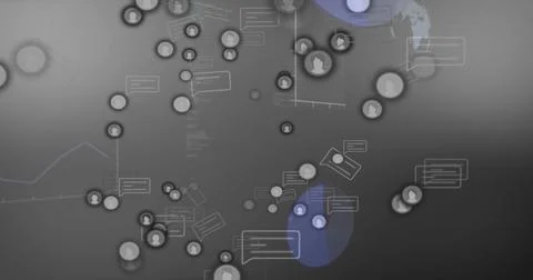 Displaying clustered user avatar nodes on dark gray canvas, showing chat bubb Stock Illustration