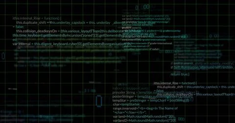 Displaying clusters of programming code lines over grid on monitor, with glitch Stock Illustration