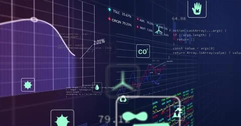 Displaying CO2 label icon floating over digital dashboard grid, with purple line 库存照片