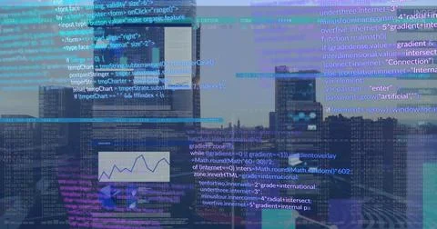Displaying code and analytics overlay covering office with glass window, showing 스톡 사진