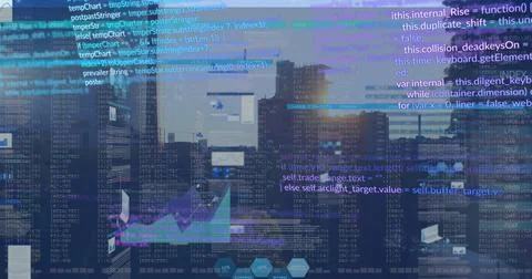 Displaying code and data overlays across office windows with monitors, skyline 스톡 사진