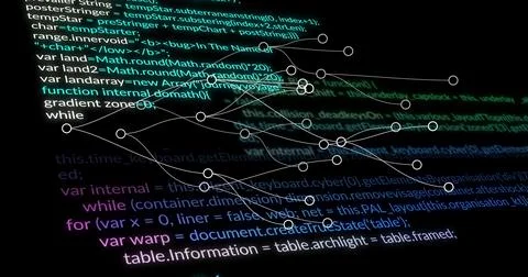 Displaying code and network graph on monitor, with JavaScript loops white nodes Stock Illustration