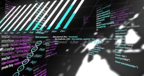 Displaying code and world map in virtual environment, with bar graph date 写真素材