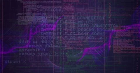 Displaying code blocks with neon purple waveform across dark cyber dashboard 스톡 사진