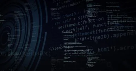 Displaying code column floating on grid overlay, with abstract circles and 写真素材