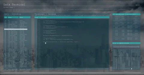 Displaying code on digital terminal with cityscape in background, animation Stock Footage 306267062