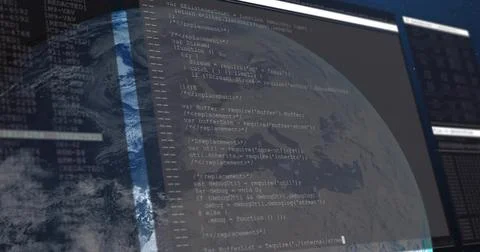 Displaying code editor showing JavaScript code over globe on computer monitor, Stock Illustration