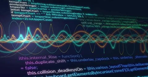 Displaying code editor showing JavaScript functions on dark screen, with neon Stockfoto's