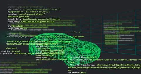 Displaying code editors, source code lines, 3D wireframe car and grid on Stock Photos