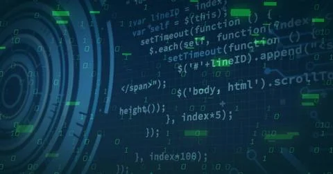 Displaying code floating over blue-green grid, with binary digits, HUD graphic 스톡 사진