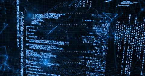 Displaying code-formed human-profile silhouette flowing across virtual grid, Foto stock