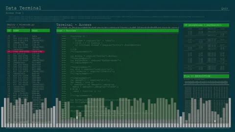 Displaying code, network activity graphs, and user access logs on data terminal Video stock 303676184