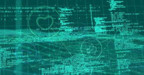 Displaying code over wireframe mesh at virtual dashboard, showing heart icons 스톡 사진