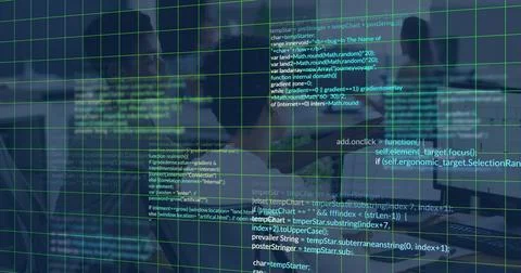 Displaying code overlay covering center in tech office, blending with green grid Stockfoto's