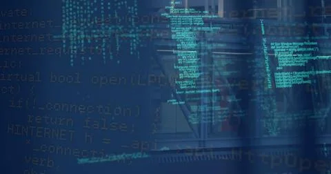 Displaying code overlay covering central industrial interior, showing terminal Stock-Fotos