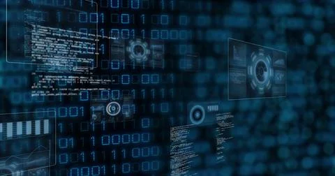 Displaying code panel showing code text and HUD graphics on blue interface 写真素材