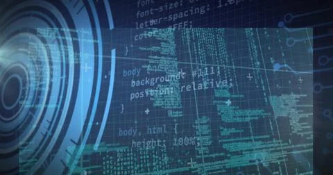 Displaying code panel showing HTML CSS snippets on wireframe grid, with circular Stock Photos
