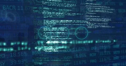 Displaying code panel streaming across trading screen, showing ticker strings Foto stock