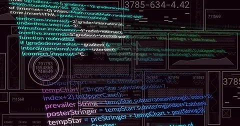 Displaying code panel updating on grid background with code blocks, line charts 스톡 사진