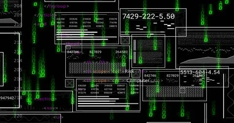 Displaying code panels with HTML-like tags in virtual interface, with cascading Stock Illustration