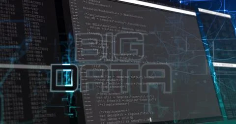 Displaying code panels unfolding at dark workspace, with UI modules, BIG DATA Stock Illustration
