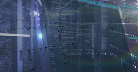 Displaying code snippets and math formulas overlaying server racks at data Stock Photos