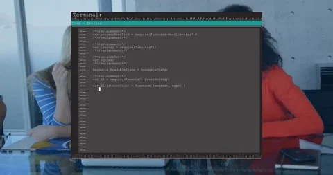 Displaying code in terminal, computer screen in office with blurred background Stock Footage 327849287