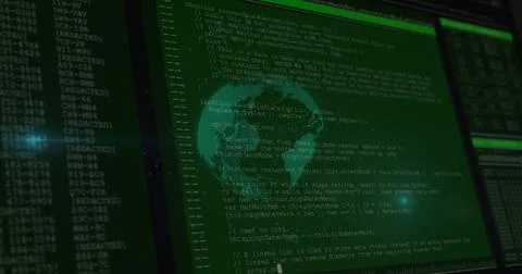 Displaying code window in code editor interface, with green code, globe overlay Stock Photos
