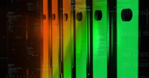 Displaying color-lit server racks with vents and LED indicators in data center, Stock Illustration