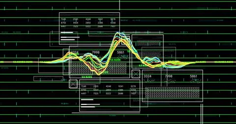 Displaying color waveform traces on dark screen, showing green baseline, UI Stock Illustration