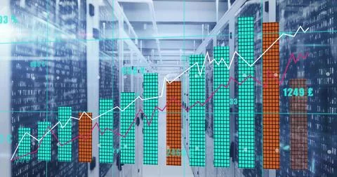 Displaying colored bar chart rising across data center corridor, with server 写真素材