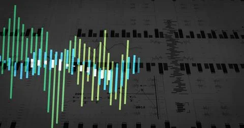 Displaying colored bars forming waveform on grid background, with line traces Foto stock