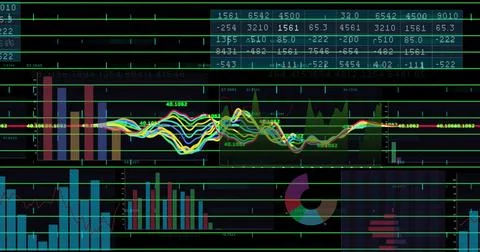 Displaying colored line graph alongside numeric tables on monitor, with bar Stock Illustration
