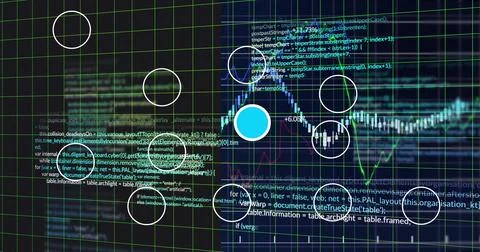 Displaying colored line graph on screen with neon green grid, code snippets, Stock Illustration