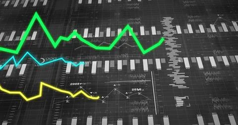Displaying colored line graphs and gray bars on grid dashboard display, with Stock Illustration