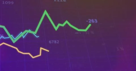 Displaying colored line graphs tracking data trends on analysis screen, with イラスト素材