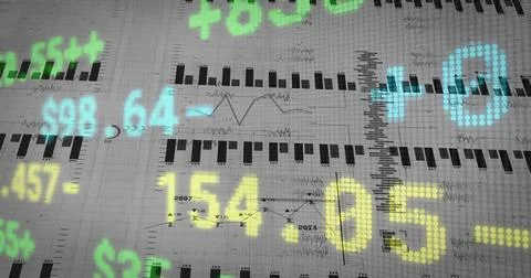 Displaying colored translucent digits covering grid paper with bar graphs, axes, Stock Illustration