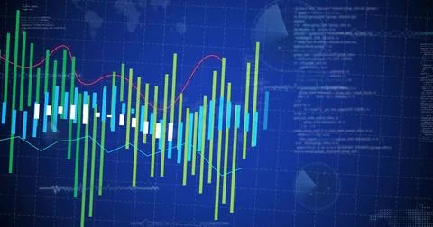 Displaying colorful candlestick chart with red and cyan trend lines on gridded イラスト素材