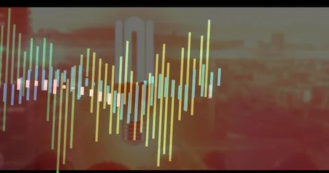 Displaying colorful equalizer bars overlaying sunset city skyline, with Stock Illustration
