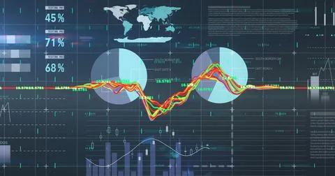 Displaying colorful line graph on grid interface, with percent indicators and Stock Illustration